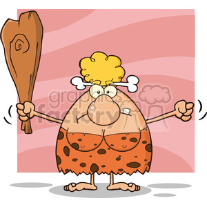 A cartoon illustration of a humorous, angry cavewoman with blonde hair, wearing a bone in her hair and a leopard print outfit, holding a wooden club.