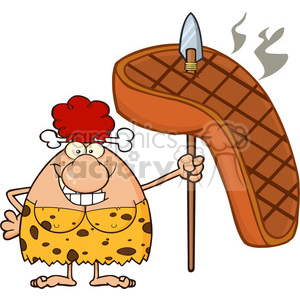 A humorous cartoon of a cavewoman holding a large, oversized steak on a spear. The character is wearing a traditional caveman-style outfit with a bone in her hair, smiling cheerfully.