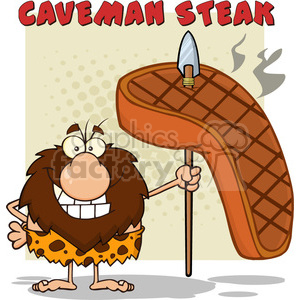 A cartoon caveman holding a large steak on a spear, with the words 'Caveman Steak' above. The caveman is smiling, dressed in animal print clothing, symbolizing a humorous take on the Stone Age.