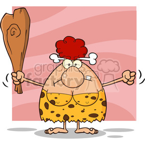 A humorous cartoon of a cavewoman with a red hairbone, holding a club and wearing a spotted dress, showcasing a funny expression.