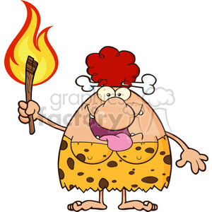 10065 smiling red hair cave woman cartoon mascot character holding up a fiery torch vector illustration