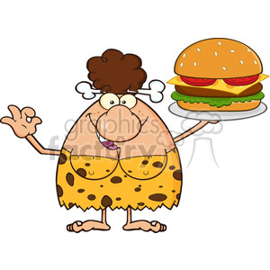 Funny Cartoon Cavewoman with a Hamburger