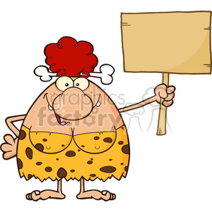 A cartoon illustration of a cavewoman with red hair holding a blank sign. She is wearing a spotted dress typical of a humorous Stone Age depiction.