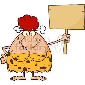 happy red hair cave woman cartoon mascot character holding a wooden board vector illustration