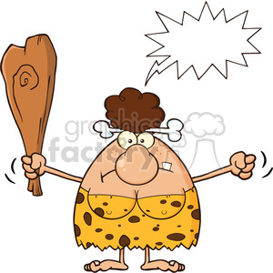 grumpy brunette cave woman cartoon mascot character holding up a fist and a club vector illustration with angry speech bubble