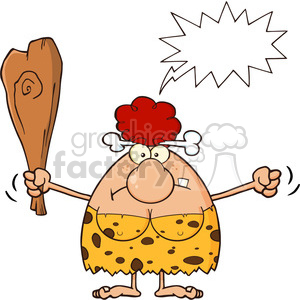 grumpy red hair cave woman cartoon mascot character holding up a fist and a club vector illustration with angry speech bubble