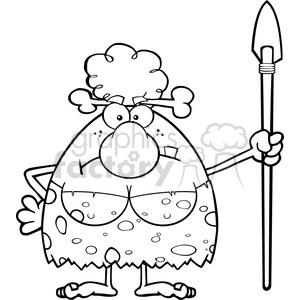 A humorous black and white clipart image of a cavewoman holding a spear, with a bone in her hair and a spotted dress, evoking a comic depiction of a Neanderthal or early human.