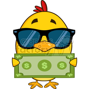 The image depicts a stylized cartoon character of a baby chicken or chick. The chick is yellow with an orange beak and feet and is wearing black sunglasses. It is holding a green dollar bill with dollar symbols on it.