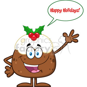 Cheerful Christmas Pudding Cartoon Waving Happy Holidays