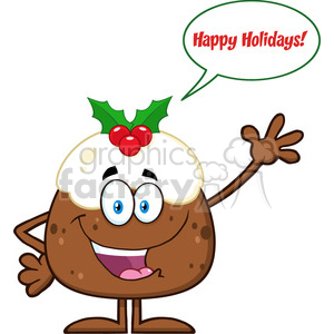   royalty free rf clipart illustration happy christmas pudding cartoon character waving with speech bubble and text vector illustration isolated on white 