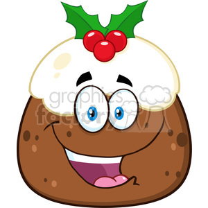 A cheerful clipart image of a Christmas pudding with a smiling face, topped with icing and holly.