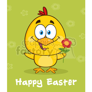royalty free rf clipart illustration cute yellow chick cartoon character holding a flower over green with happy easter text vector illustration