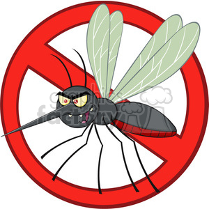 The image is a cartoon representation of a mosquito, stylized with an exaggerated evil grin and sinister eyes. The mosquito has long wings and an extended proboscis which is characteristic of mosquitoes and is used for feeding. The background features a bold red no symbol or prohibition sign, suggesting a message against mosquitoes or indicating a pest-free zone.