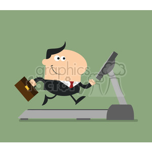 A cartoon businessman in a suit and tie, carrying a briefcase, running on a treadmill with a smile on his face.