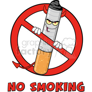 royalty free rf clipart illustration devil cigarette cartoon mascot character in a prohibited symbol with text no smoking vector illustration isolated on white background