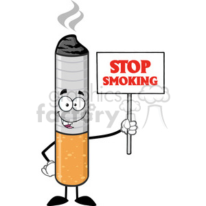 royalty free rf clipart illustration cigarette cartoon mascot character holding a sign with text stop smoking vector illustration isolated on white background