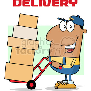 royalty free rf clipart illustration african american delivery man cartoon character using a dolly to move boxes vector illustration with text isolated on white