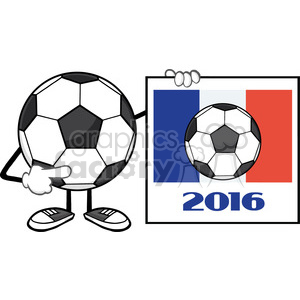The clipart image features an anthropomorphized soccer ball, which has arms, legs, and a pair of shoes. The soccer ball character is holding a calendar or event card that shows a smaller soccer ball with a France flag in the background and the year 2016 prominently displayed at the bottom.
