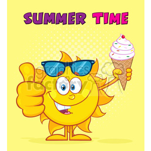 cute sun cartoon mascot character with sunglasses holding a ice cream showing thumb up vector illustration with yellow sunburst background and text summer time