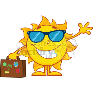 10159 smiling summer sun cartoon mascot character with sunglasses carrying luggage and waving vector illustration isolated on white background