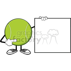 10297 tennis ball faceless cartoon mascot character pointing to a blank sign banner vector illustration isolated on white background