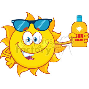 cute sun cartoon mascot character with sunglasses holding a bottle of sun block cream vith text vector illustration isolated on white background