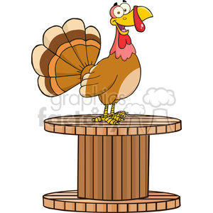 A cartoon turkey standing on a wooden spool, celebrating Thanksgiving.