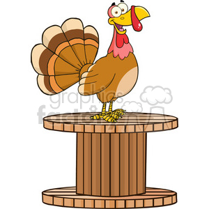 happy turkey bird cartoon character on a giant spool vector illustration isolated on white