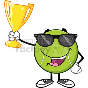 happy tennis ball cartoon character with sunglasses holding a trophy cup vector illustration isolated on white