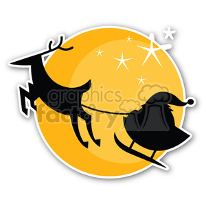 Silhouette of Santa Claus and a reindeer flying in front of a large yellow moon with stars.