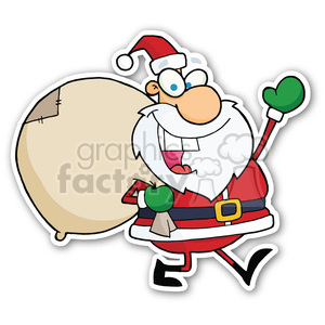 A cheerful cartoon-style Santa Claus carrying a large gift sack, waving and smiling in a festive pose.