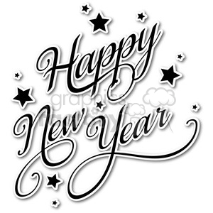 Clipart image with the words 'Happy New Year' in elegant, cursive typography surrounded by black stars.