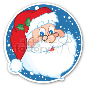 Clipart illustration of Santa Claus with a red hat and holly, surrounded by snowflakes.