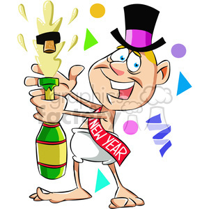 A cartoon depiction of Baby New Year celebrating with a bottle of champagne, wearing a top hat and sash reading 'New Year', surrounded by colorful party decorations.