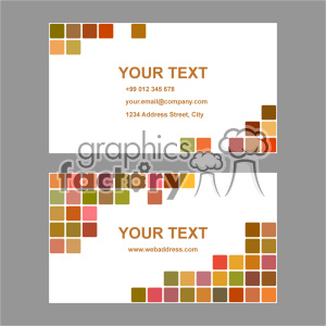 A business card template with a colorful mosaic design. The card features areas for text, such as contact details and address, surrounded by multicolored square patterns.