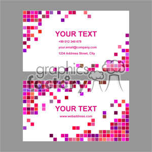 Business card template with a colorful pixelated design, featuring placeholders for text, contact information, email address, and physical address.