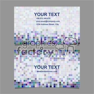 This clipart image features two business cards with abstract square pixel patterns in various colors as backgrounds. The cards have space for customizable text, including a person's name, phone number, email address, physical address, and web address.