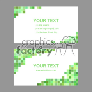 This clipart image features a set of two modern business card designs with a green pixel mosaic pattern. Each card includes placeholders for text such as a name, phone number, email address, physical address, and web address.