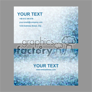 This image features a business card template with a blue polygonal geometric design. The card includes placeholder text for a name, contact number, email address, physical address, and website. The design is modern and professional, suitable for various business purposes.