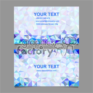 This clipart image features two business card templates with a polygonal geometric design in shades of blue, purple, and white. Each card has placeholder text for a phone number, email address, physical address, and website.