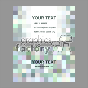 This clipart image features a business card design template with text placeholders. The card has a pixelated background with various shades of green, grey, and other muted colors. There are two sides displayed: the front side has placeholders for name, phone number, email address, and physical address; the back side has a placeholder for a web address.