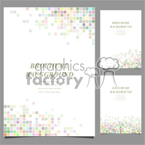 This clipart image features three brochure templates with a minimalist design. Each template has a white background with multicolored squares forming a visually appealing mosaic pattern. The text 'BROCHURE BACKGROUND' is centrally placed, with placeholder text below.