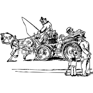 A black and white clipart image depicting an old horse-drawn carriage with a driver and passengers. The carriage is being pulled by a horse, and there are two people observing the scene from the side.