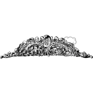 An intricate black and white vintage clipart image featuring an ornate, symmetrical baroque design with floral and foliage patterns.