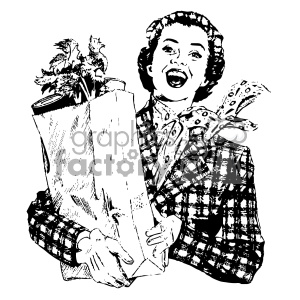 A vintage black and white clipart image of a cheerful woman holding a grocery bag filled with various items, including fresh vegetables.