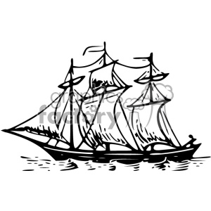 A black and white clipart image depicting a sailing ship with multiple sails on the water.