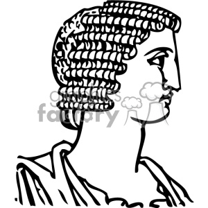 Black and white clipart of a classical Roman or Greek profile bust drawing. The figure has curly hair and wears traditional ancient attire.