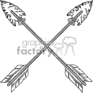 A black and white clipart image of two crossed arrows featuring stone arrowheads and feathered fletching.