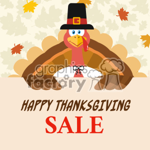 10599 Happy Thanksgiving Turkey Bird Cartoon Mascot Character Holding A Happy Thanksgiving Sale Sign Vector Flat Design Over Background With Autumn Leaves