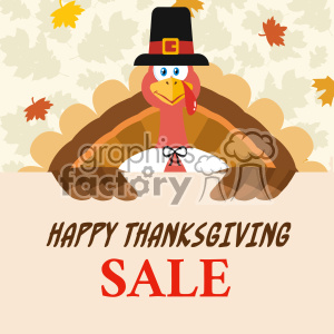 A cartoon turkey wearing a pilgrim hat, holding a sign that reads 'Happy Thanksgiving Sale' surrounded by autumn leaves.